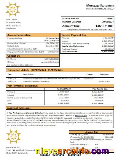 Bangladesh Sonali Bank mortgage statement